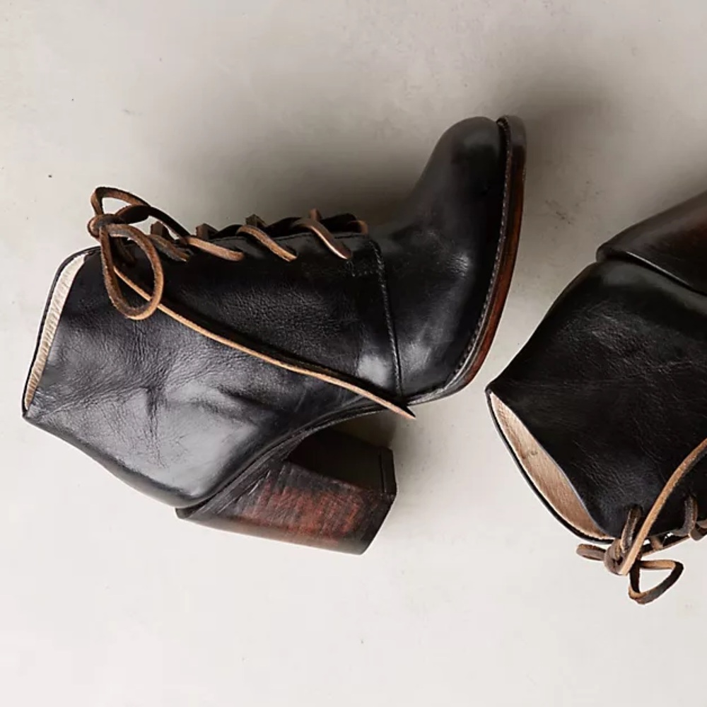 Freebird by Steven-Beck Black Leather Heeled Lace Up Booties - Size 6